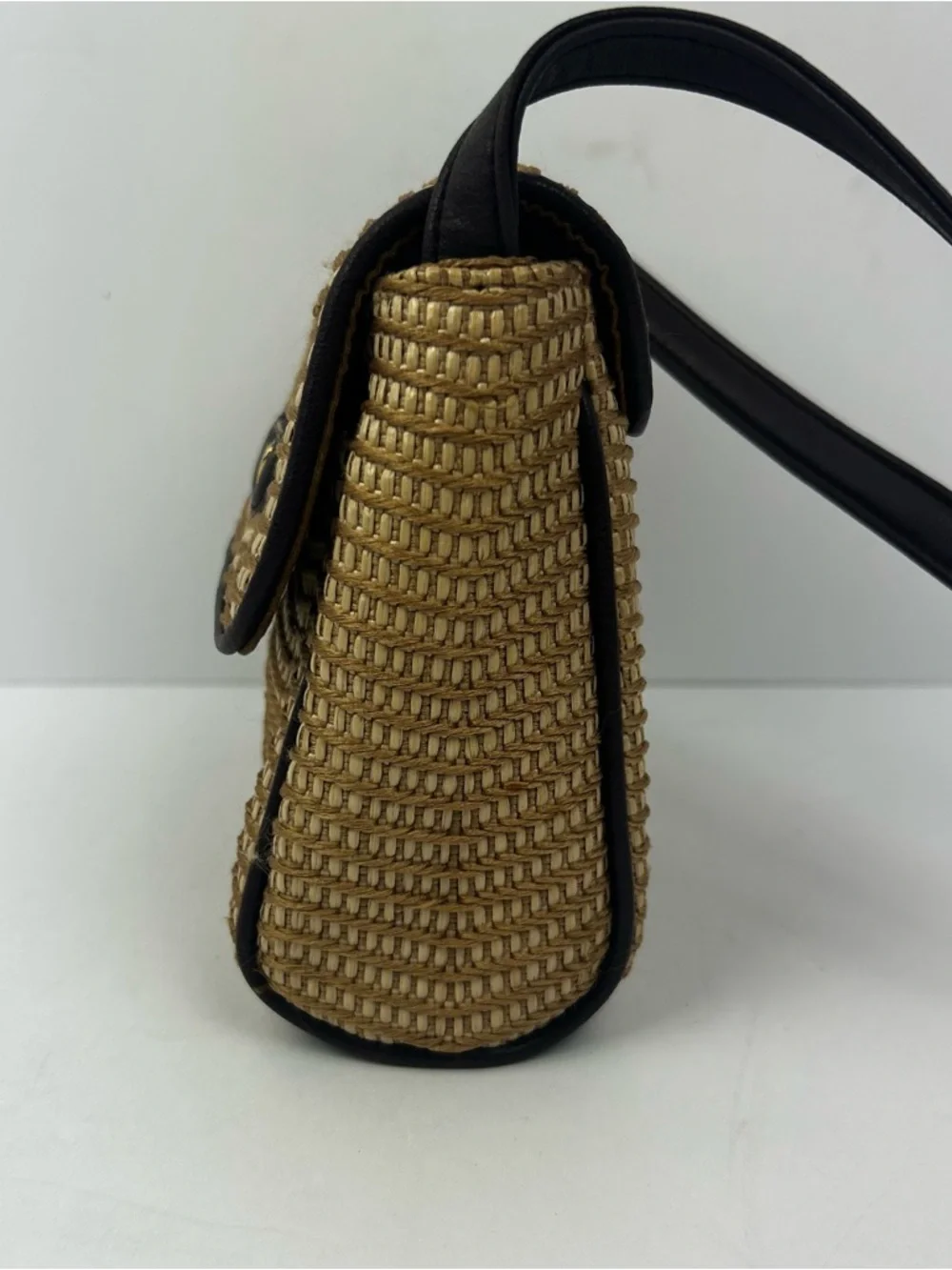 Etienne Aigner Woven Straw Crossbody Bag with Black Trim horseshoe logo